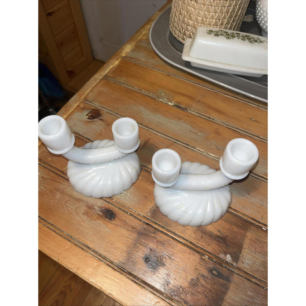 Set Of 2 Vintage Imperial Milk Glass Double Tapered Candle Sticks Swirl Pattern